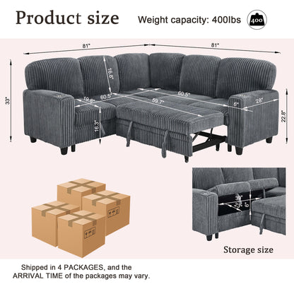 L-Shaped Sectional Sofa Bed with Pull-Out Bed & Storage, 5-Seat Sleeper Couch with USB Charging, Convertible Design for Living Room, Apartment, Corduroy Fabric, Grey image 10