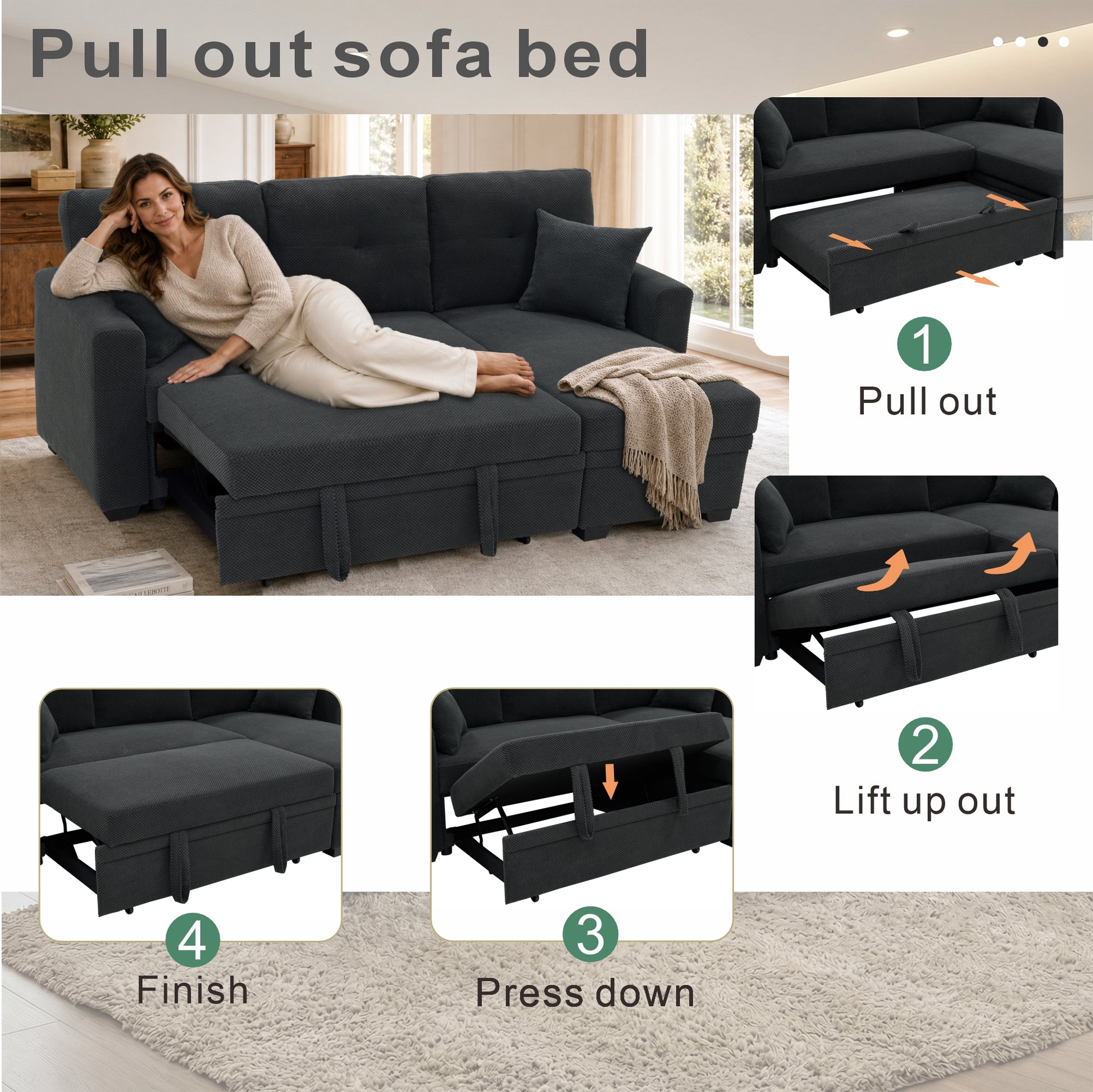 Sleeper Sofa, Sectional with Pull-Out Bed, Reversible Chaise, Storage Sectional, Dark Gray breathable fabric, Small Space Solution, Convertible Sofa Bed, Living Room Furniture, L-Shaped Sofa image 7