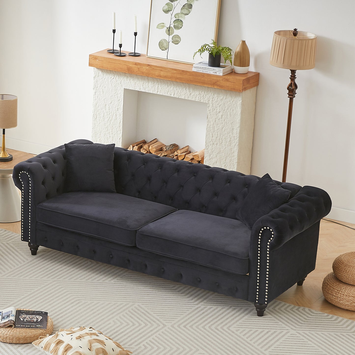 FX 85.5"Living Room with velvet Chesterfield Sofa with Rolled Arms 3 Seater Sofa with Button Design and 2 Cushions for Apartment, Office, Living Room W1926S00064 image 7