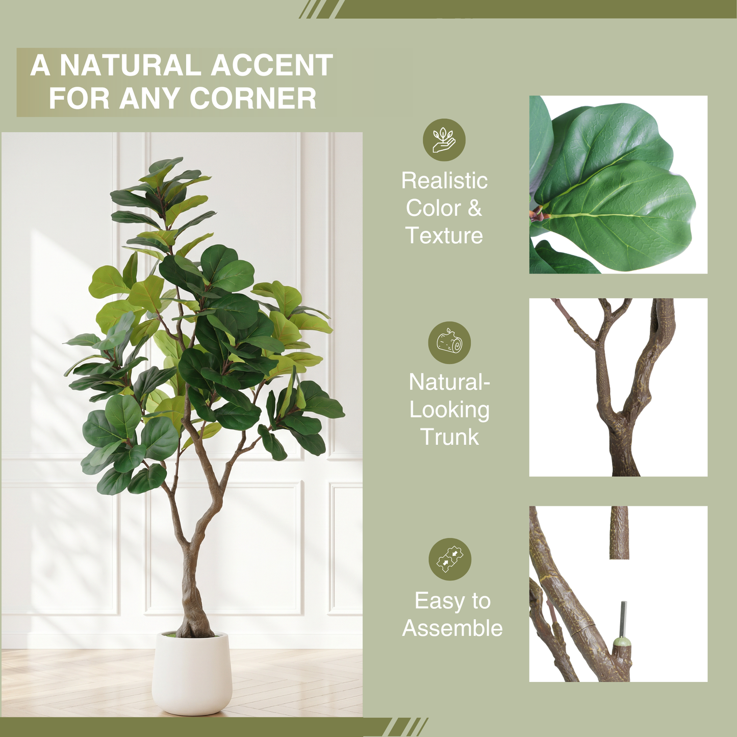 6FT Artificial Fiddle Leaf Fig Tree With Decorative White Pot, Faux Indoor Plant for Home Office Living Room Corner Decoration, 1pc/set image 5