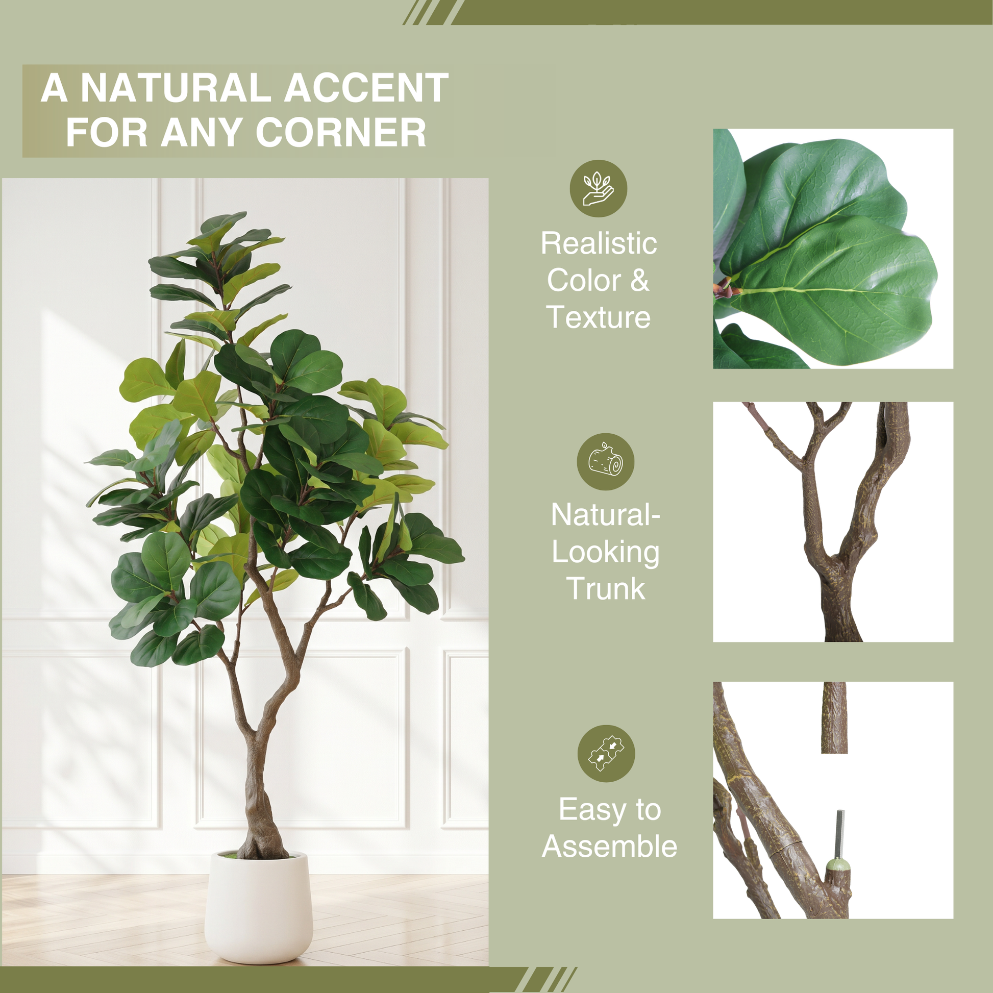 6FT Artificial Fiddle Leaf Fig Tree With Decorative White Pot, Faux Indoor Plant for Home Office Living Room Corner Decoration, 1pc/set image 5