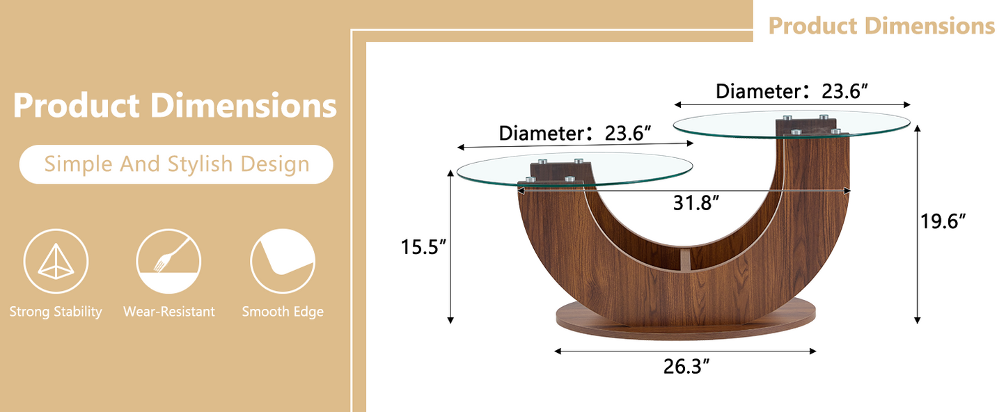 Creative U-Shaped Double-Tier Glass Coffee Table with Walnut MDF Base - oval base dimensions and stability