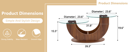 Creative U-Shaped Double-Tier Glass Coffee Table with Walnut MDF Base - oval base dimensions and stability