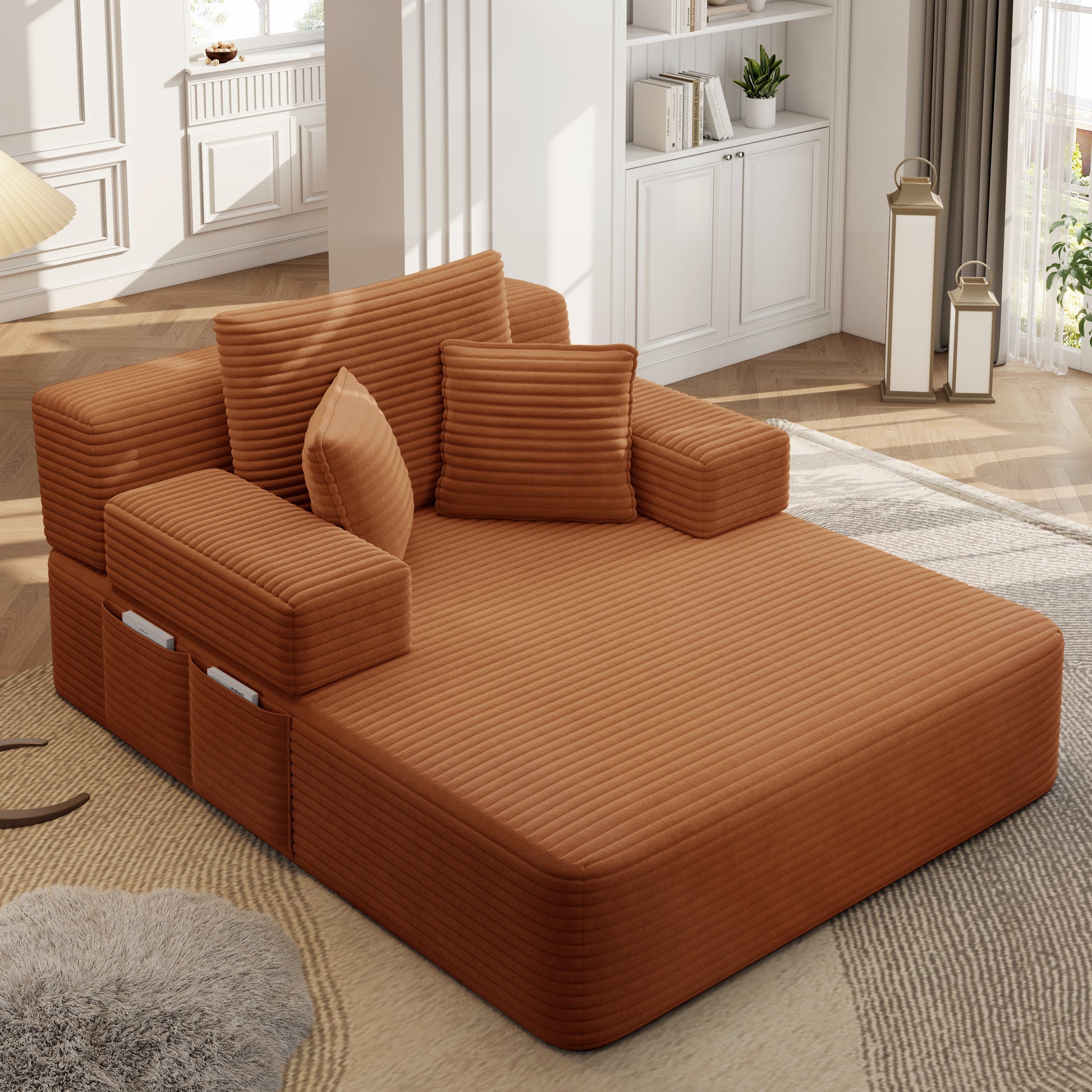 Luxurious Plush Corduroy Chaise Lounge with 3 Pillows, Convertible Sofa Bed with Storage Pocket, Frameless Design & Compression Foam for Small Spaces, Living Room, Apartment,Orange image 3