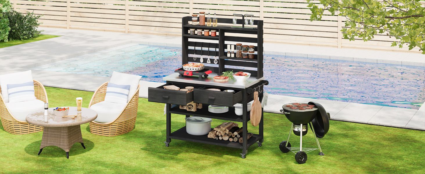K&K 64.9"H Outdoor Potting Bench Table with Lockable Wheels, Solid Wood Outdoor Kitchen Island with Upper Hutch, Stainless Steel Top, Towel Rack,Outdoor Storage for Grilling, Lawn Garden -Black image 9