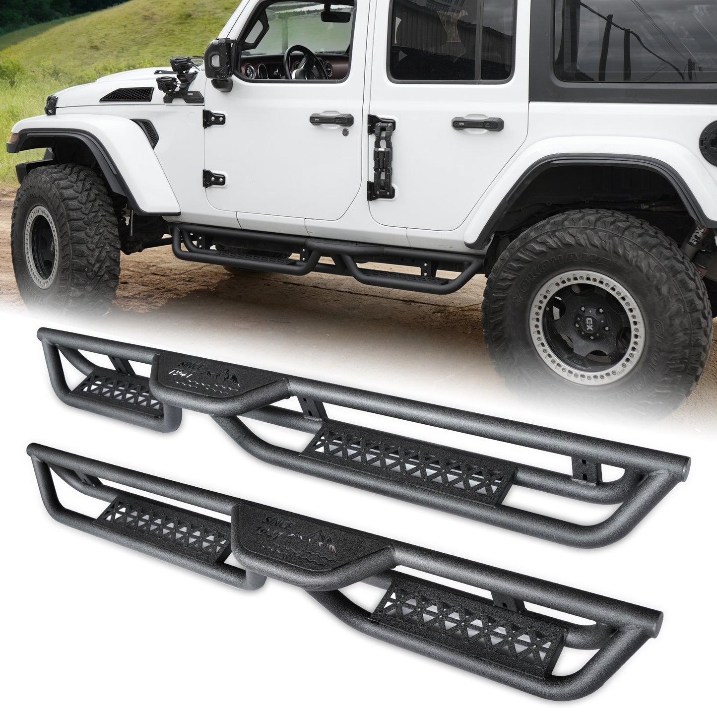 Coated Black Carbon 6-Inch 2-Stairs Side Step Rails Step Bars Steel Nerf Bars Running Boards Compatible with Jeep Wrangler JL 4 Doors 2018-2026 For Off-Road Protection Direct Bolt-On Installation image 1
