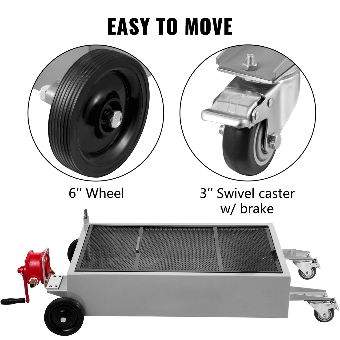 Oil Drain Pan 15 Gallon Oil Drain Tank, 57L Low Profile Oil Drain Pan, Large Capacity Oil Change Pan, Foldable Hand, with Pump, Hose, Swivel Casters Wheels for Car, SUV, Trucks Oil Draining image 7