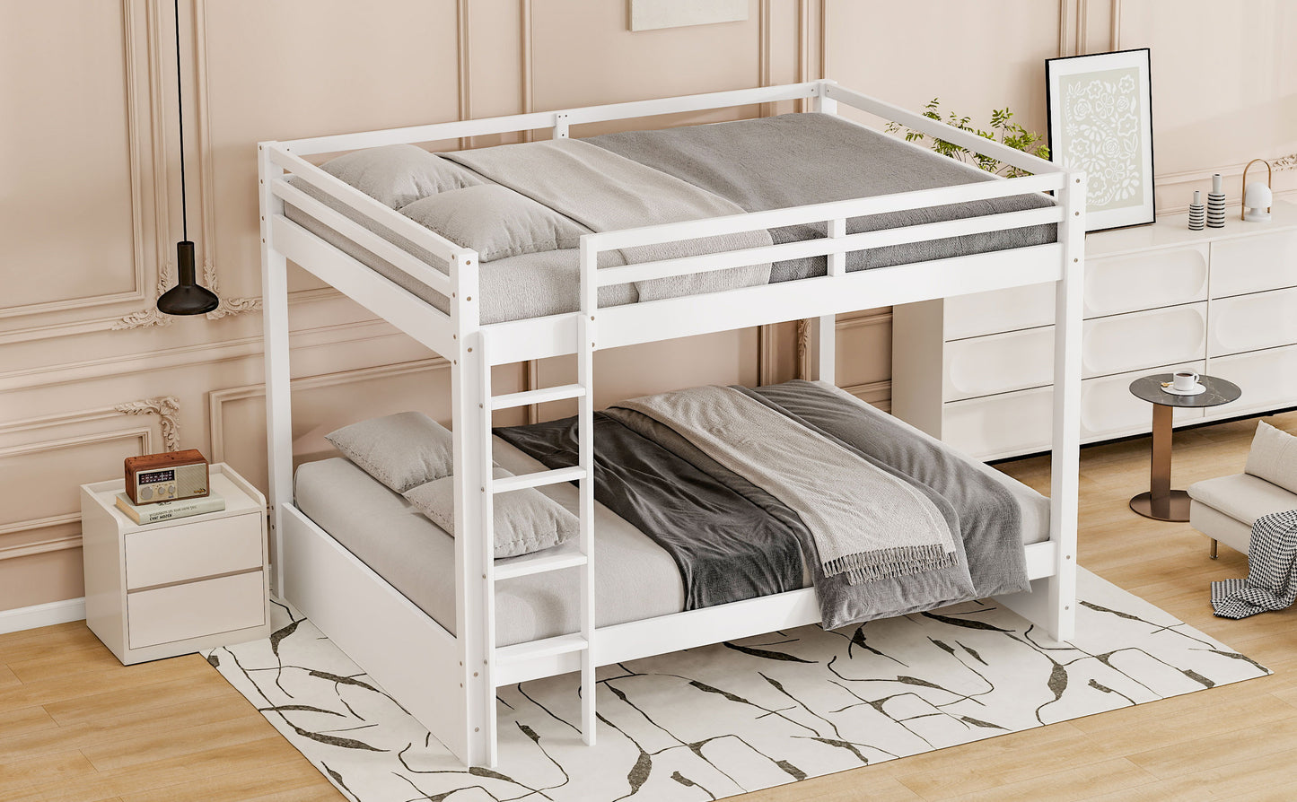Wood Queen Size Bunk Bed with Ladder, White image 5