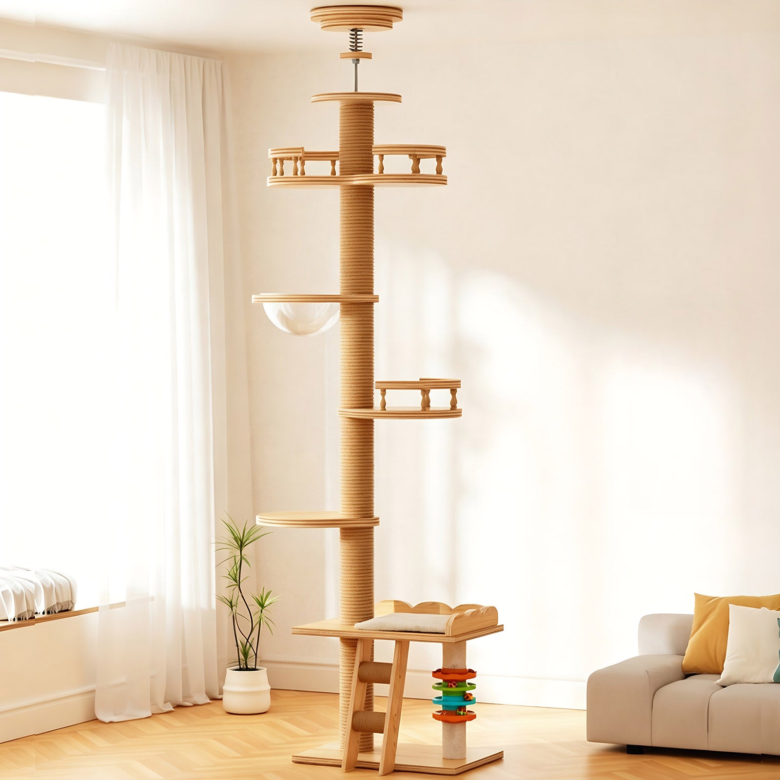 Adjustable Height Floor-to-Ceiling Cat Tree Made of MDF Board, Tall Cat Tower with Sisal Scratching Post, Bubble Window Perch, Ladder & Rotatable Toy Balls for Indoor Cats image 9