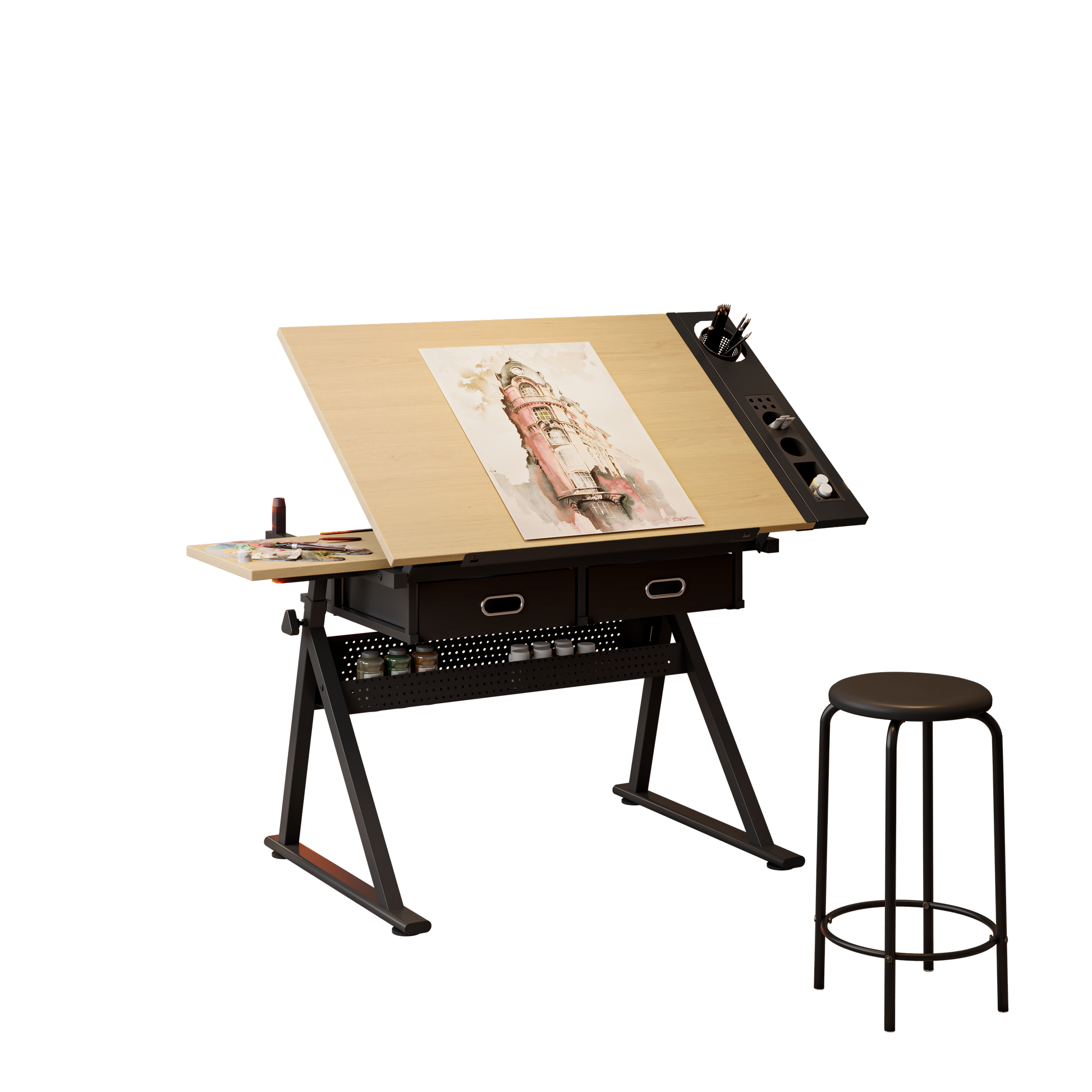 adjustable drawing drafting table desk with 2 drawers for home office and school with stool(maple) image 3