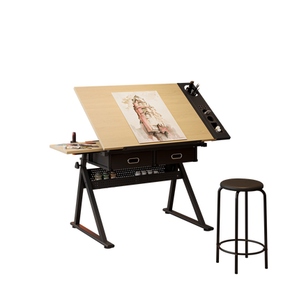adjustable drawing drafting table desk with 2 drawers for home office and school with stool(maple) image 3