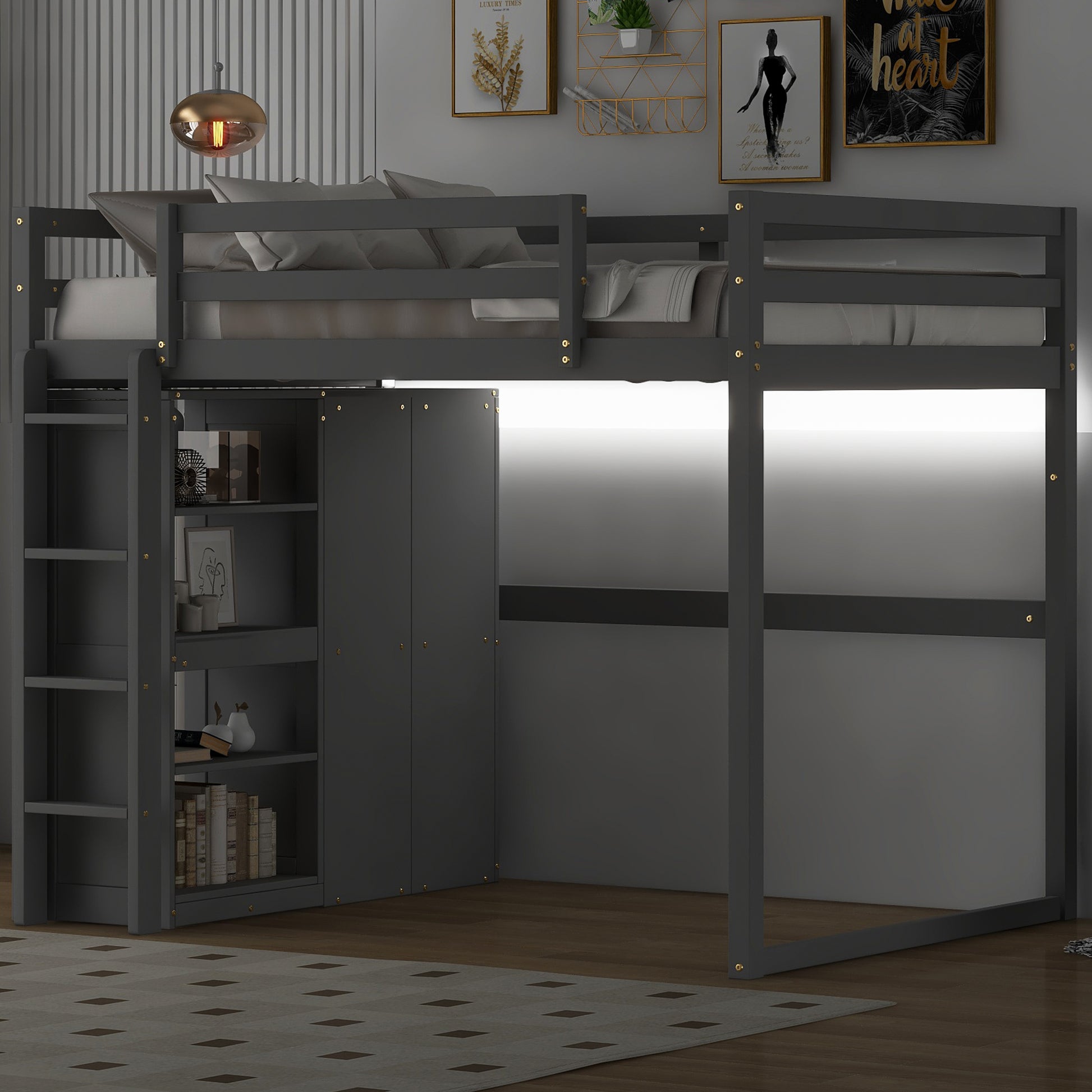 Wood Full Size Loft Bed with Built-in Wardrobe and Storage Shelves, Led light, Gray image 4