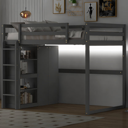 Wood Full Size Loft Bed with Built-in Wardrobe and Storage Shelves, Led light, Gray image 4