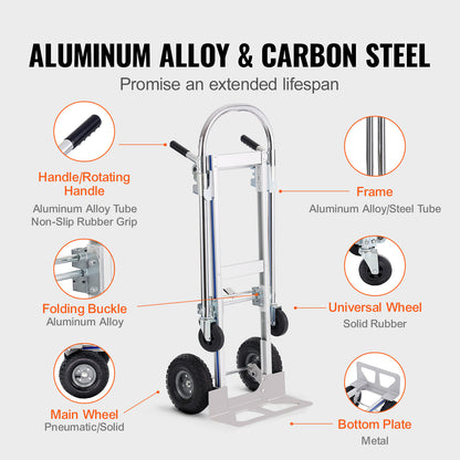 Aluminum Hand Truck, 2 in 1, 800 lbs Load Capacity, Heavy Duty Industrial Convertible Folding Hand Truck and Dolly, Utility Cart Converts from Hand Truck to Platform Cart with Rubber Wheels image 4