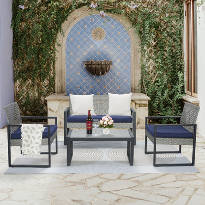 4-Piece Patio Furniture Set Outdoor Balcony Porch Garden Backyard Lawn Furniture Gray Acacia Wood Table Top, Blue Cushion and Light Gray rattan image 10