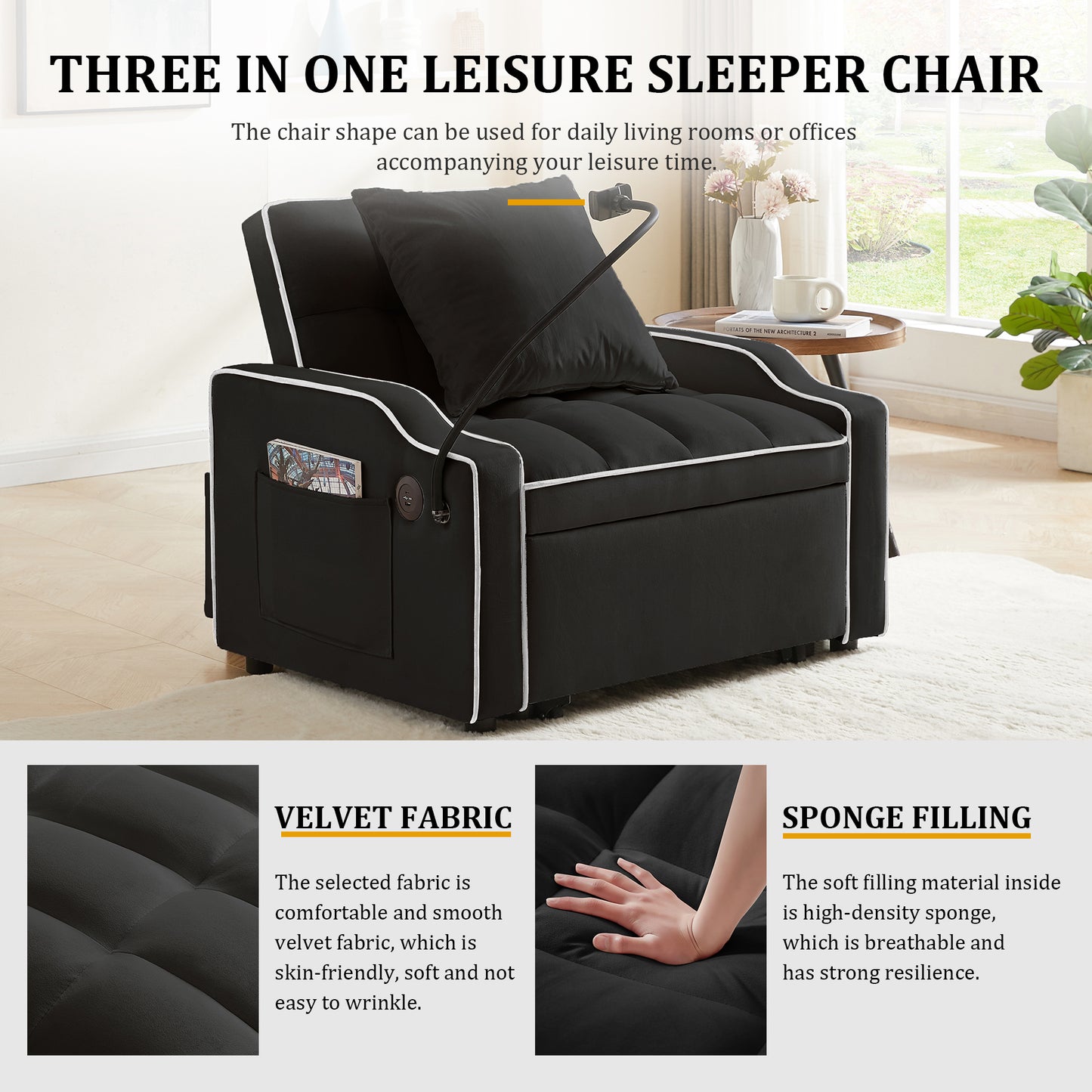 Sleeper Sofa Chair Bed, 3 In 1 Convertible Sofa Chair With With Adjustable Backrest & Phone Holder & USB, Type-C, Adjustable Recliner, Armchair For Living Room Bedroom Apartment Small Space, Black image 4