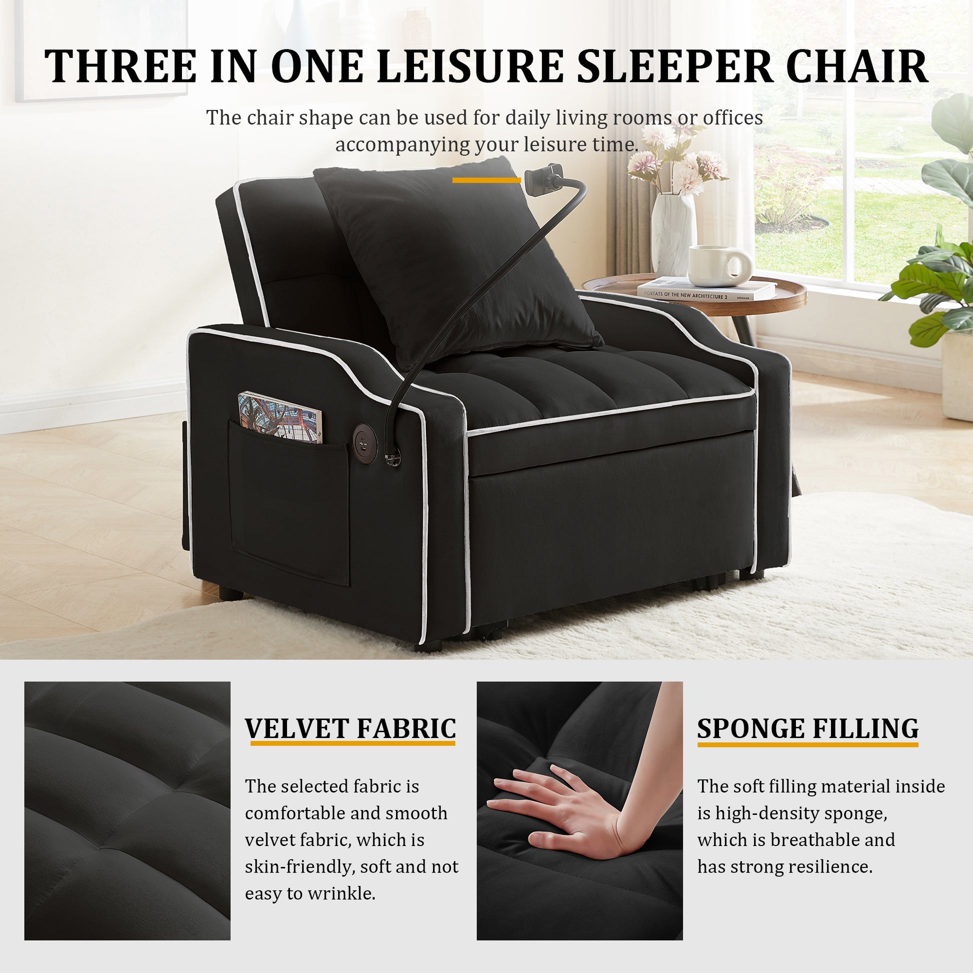 Sleeper Sofa Chair Bed, 3 In 1 Convertible Sofa Chair With With Adjustable Backrest & Phone Holder & USB, Type-C, Adjustable Recliner, Armchair For Living Room Bedroom Apartment Small Space, Black image 4