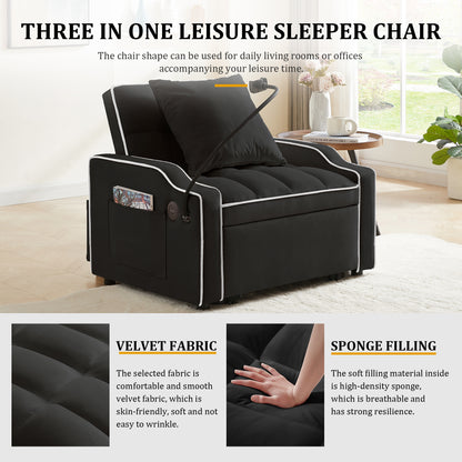 Sleeper Sofa Chair Bed, 3 In 1 Convertible Sofa Chair With With Adjustable Backrest & Phone Holder & USB, Type-C, Adjustable Recliner, Armchair For Living Room Bedroom Apartment Small Space, Black image 4