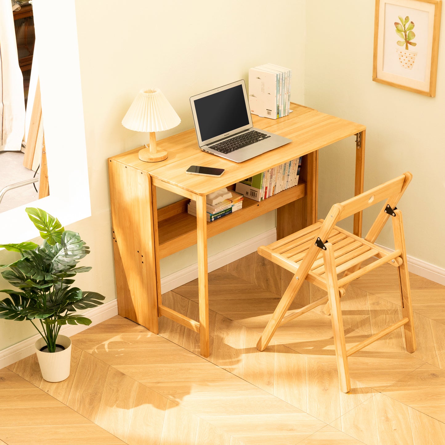 Bamboo Folding Desk, Space-Saving Computer Desk for Small Spaces, Foldable Study Table for Bedroom, Home Office, Dorm, Apartment, Natural Color image 1
