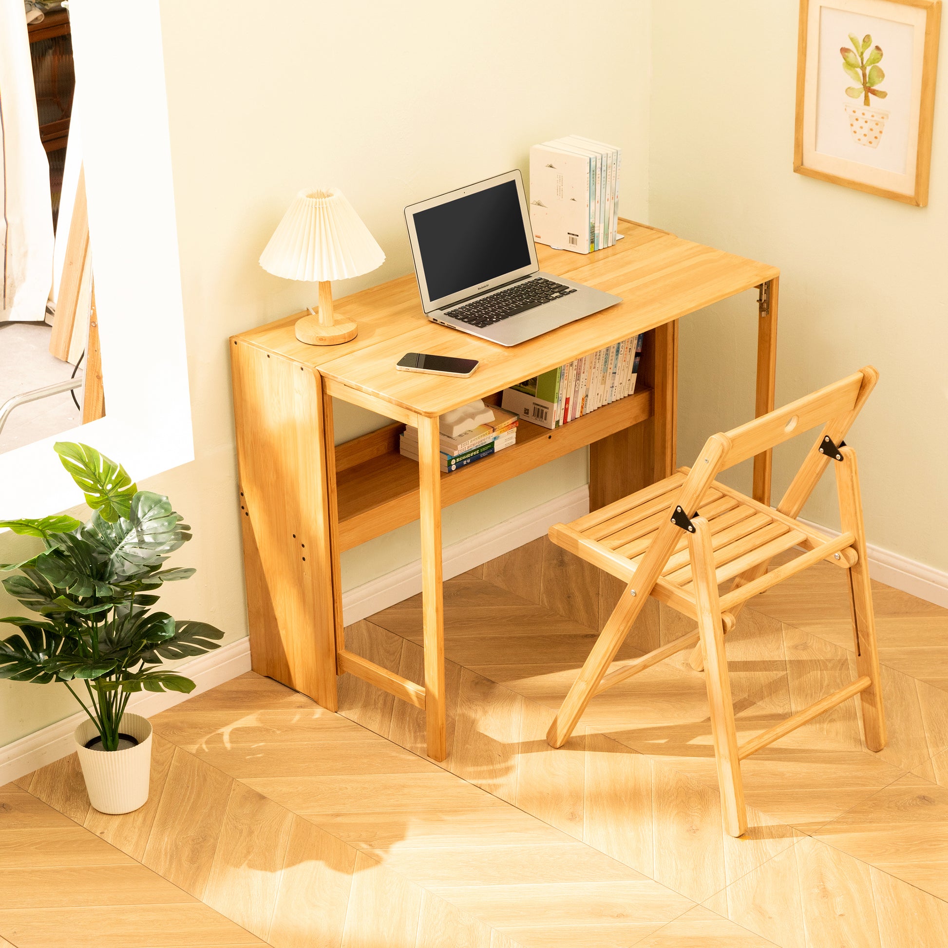 Bamboo Folding Desk, Space-Saving Computer Desk for Small Spaces, Foldable Study Table for Bedroom, Home Office, Dorm, Apartment, Natural Color image 1