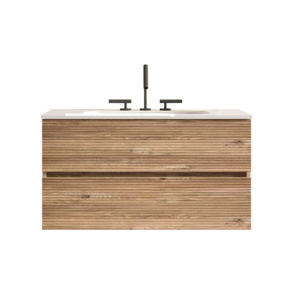 Gloria 36" Wall Mounted Rough Oak&Rough Oak Bathroom Vanity with Integrated Ceramic Sink with Overflow, with 3 holes, Large Storage Floating Bathroom Vanity for Modern Bathroom, KD image 7
