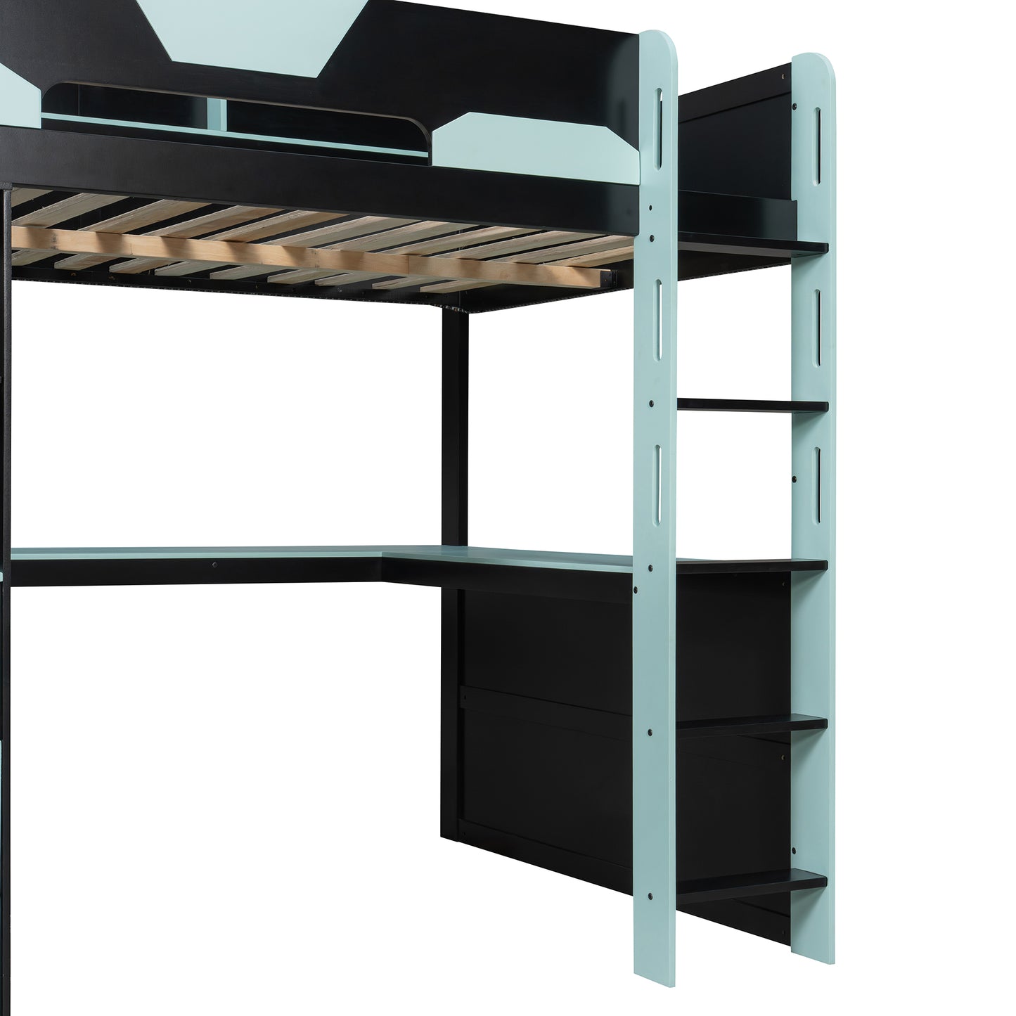 Full Size Wooden Gaming Loft Bed with U-Shaped Desk, Smart RGB LED Lights and USB Ports, Multi-Functional High Sleeper with 3 Drawers and Storage Shelves for Teens Adults, Black+Blue image 12
