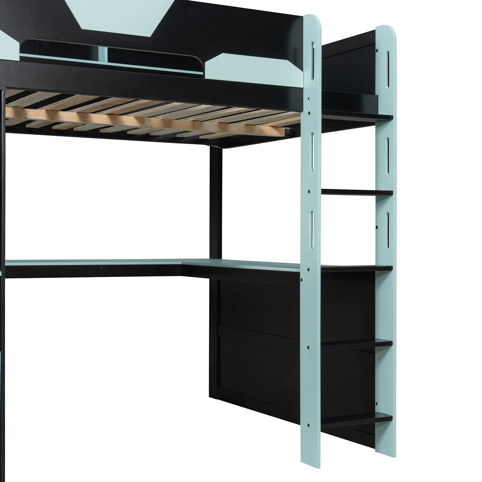 Full Size Wooden Gaming Loft Bed with U-Shaped Desk, Smart RGB LED Lights and USB Ports, Multi-Functional High Sleeper with 3 Drawers and Storage Shelves for Teens Adults, Black+Blue image 12