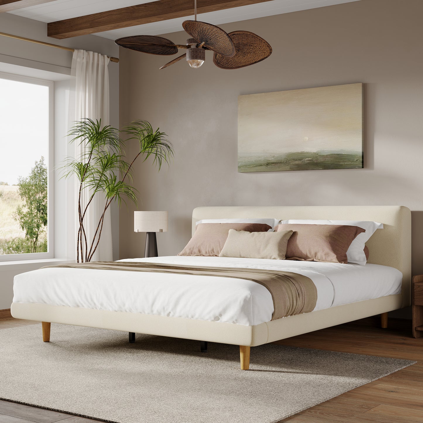 Beige Chunky Headboard Bed Frame, Solid Rubberwood Legs, King, 800lbs Capacity image 1