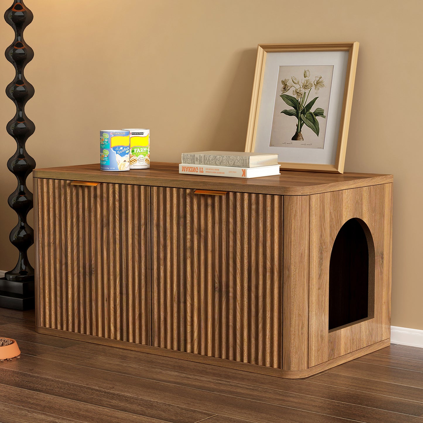 31.5" Walnut Cat Litter Box Enclosure Furniture, Large Decorative Hidden Litter Box Cabinet, Fluted Mid Century Modern Kitty End Table for Living Rooms, Bedrooms, Entryways (WALNUT) image 1