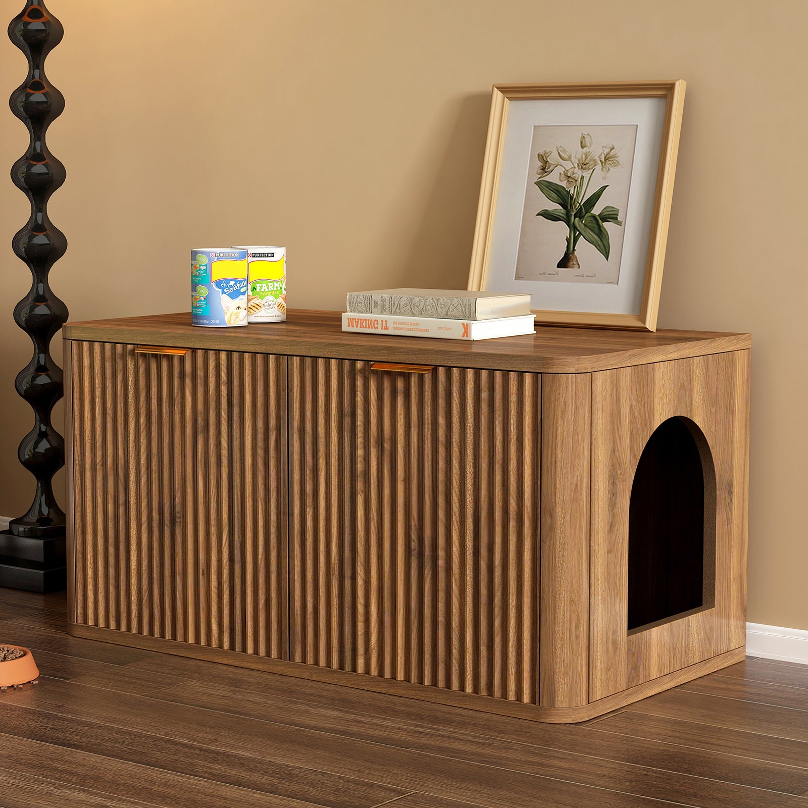 31.5" Walnut Cat Litter Box Enclosure Furniture, Large Decorative Hidden Litter Box Cabinet, Fluted Mid Century Modern Kitty End Table for Living Rooms, Bedrooms, Entryways (WALNUT) image 1