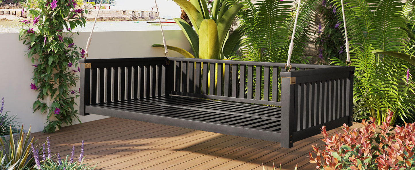 TOPMAX Patio Minimalist Twin Size Garden Swing Bed Wood Porch Swing with Ropes for Backyard, Safe Sloped Design, Black image 2