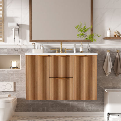 [Video]36 Inch Single Sink Bathroom Vanity with ceramic Top, MDF Cabinet, Soft Close Doors, Divided Drawers, Wall-Mounted Modern Storage Vanity image 1