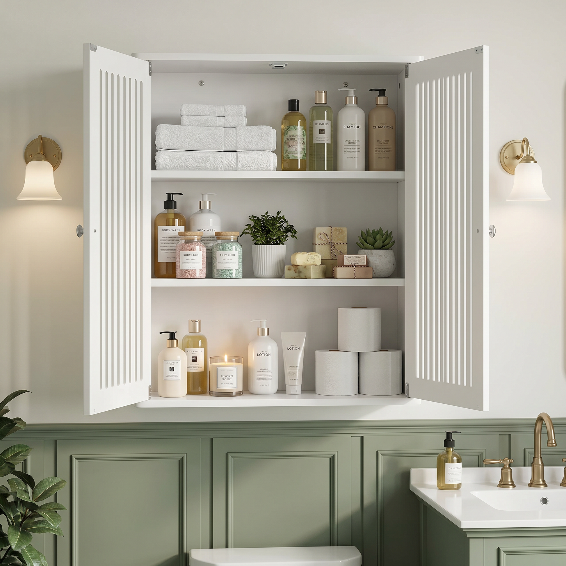 Bathroom wall-mounted cabinet, louvered double-door wall-mounted bathroom storage cabinet, practical medicine cabinet, household wall storage cabinet, white. image 11