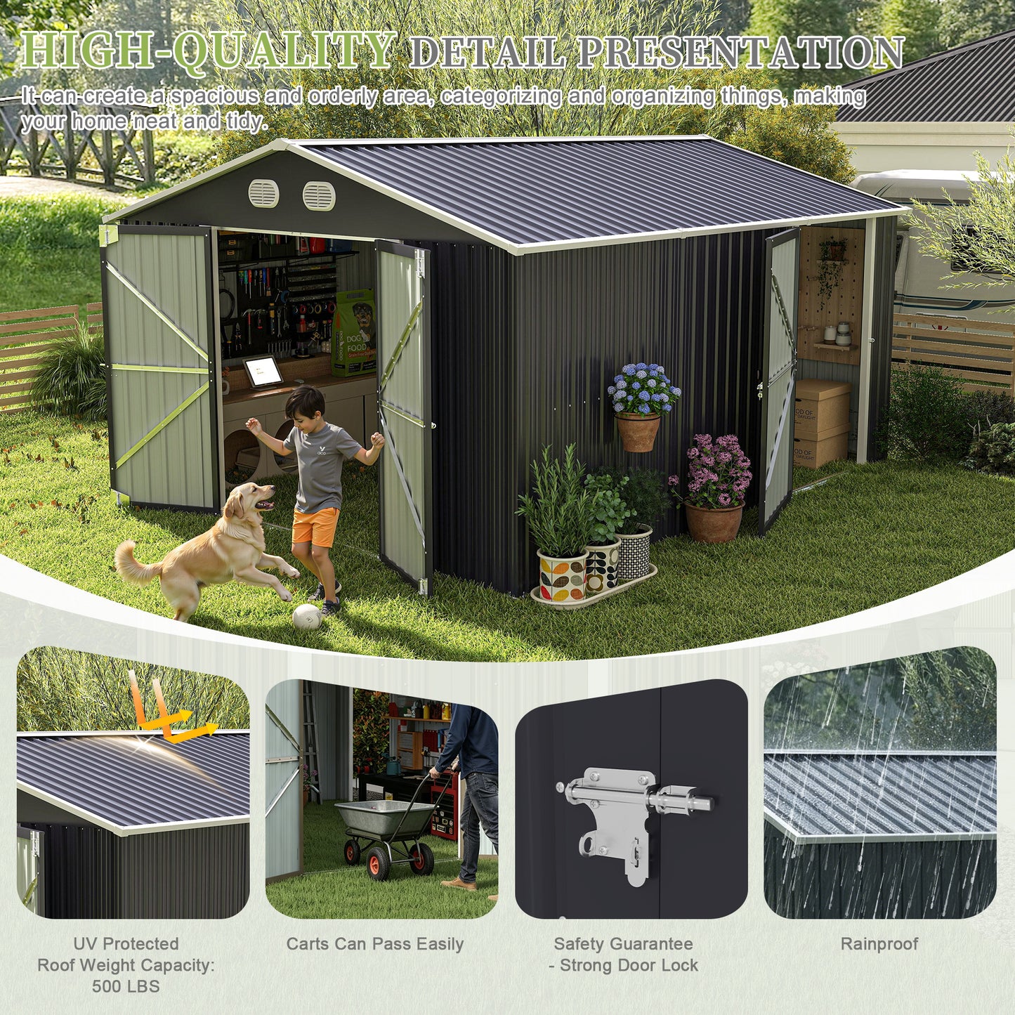 10x12 FT Outdoor Metal Storage Shed, Large Storage Sheds with Sturdy Frame Structure, Metal Garden Tool Shed with Lockable Door for Garden,Gift a foldable flower pot stand, Backyard, Drak gray image 6