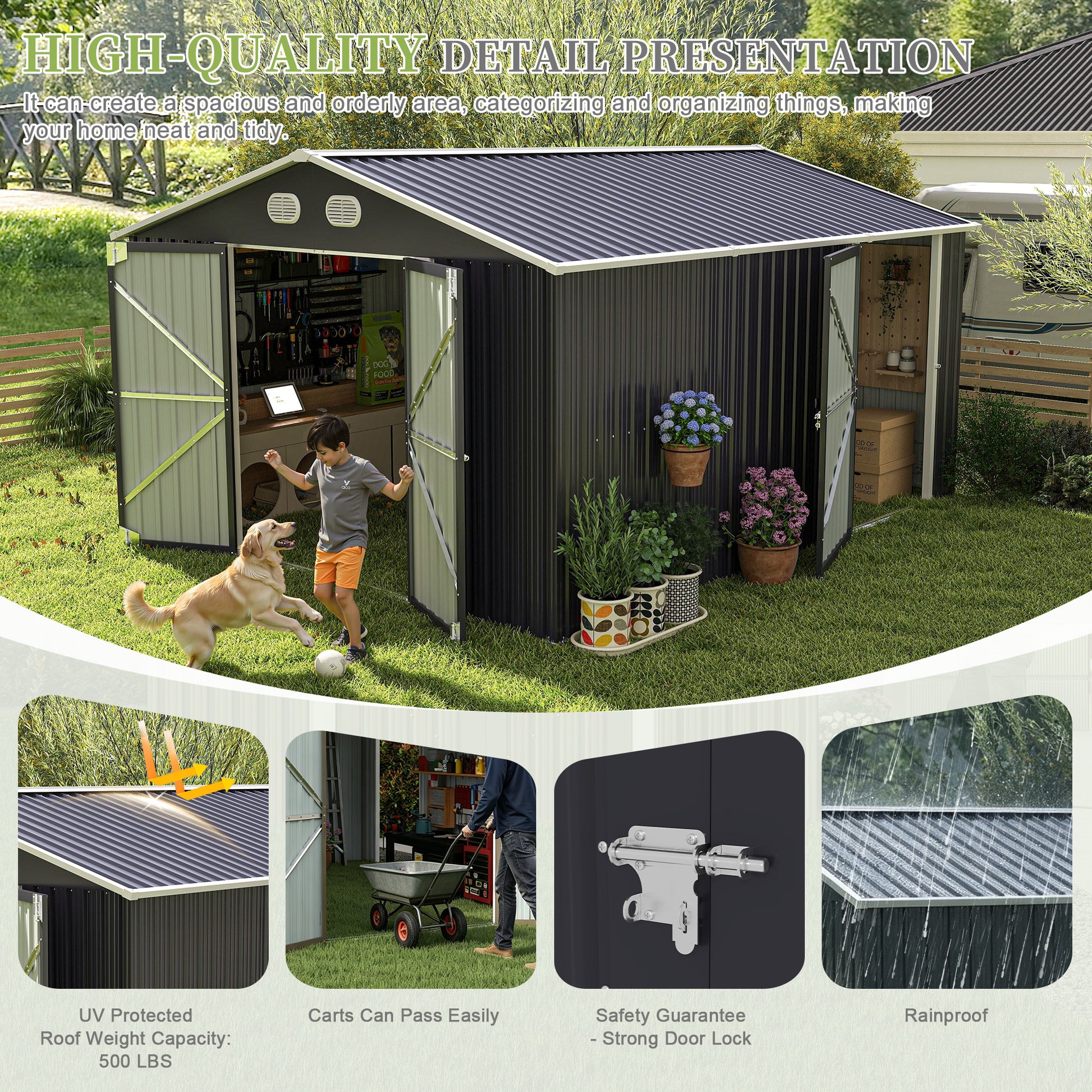 10x12 FT Outdoor Metal Storage Shed, Large Storage Sheds with Sturdy Frame Structure, Metal Garden Tool Shed with Lockable Door for Garden,Gift a foldable flower pot stand, Backyard, Drak gray image 6