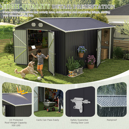 10x12 FT Outdoor Metal Storage Shed, Large Storage Sheds with Sturdy Frame Structure, Metal Garden Tool Shed with Lockable Door for Garden,Gift a foldable flower pot stand, Backyard, Drak gray image 6