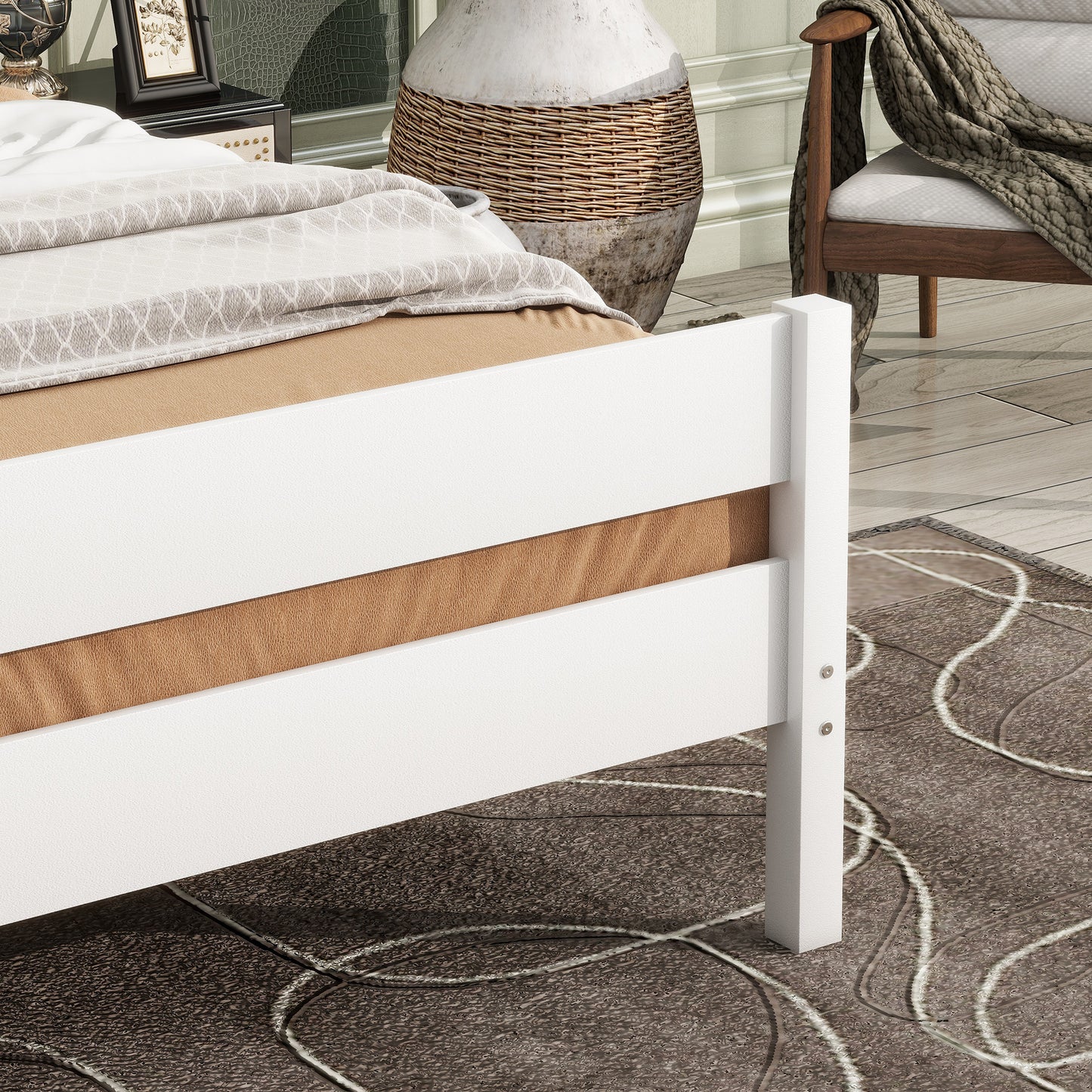 Twin Bed with Headboard and Footboard,Rubber Wood Bed,White image 7