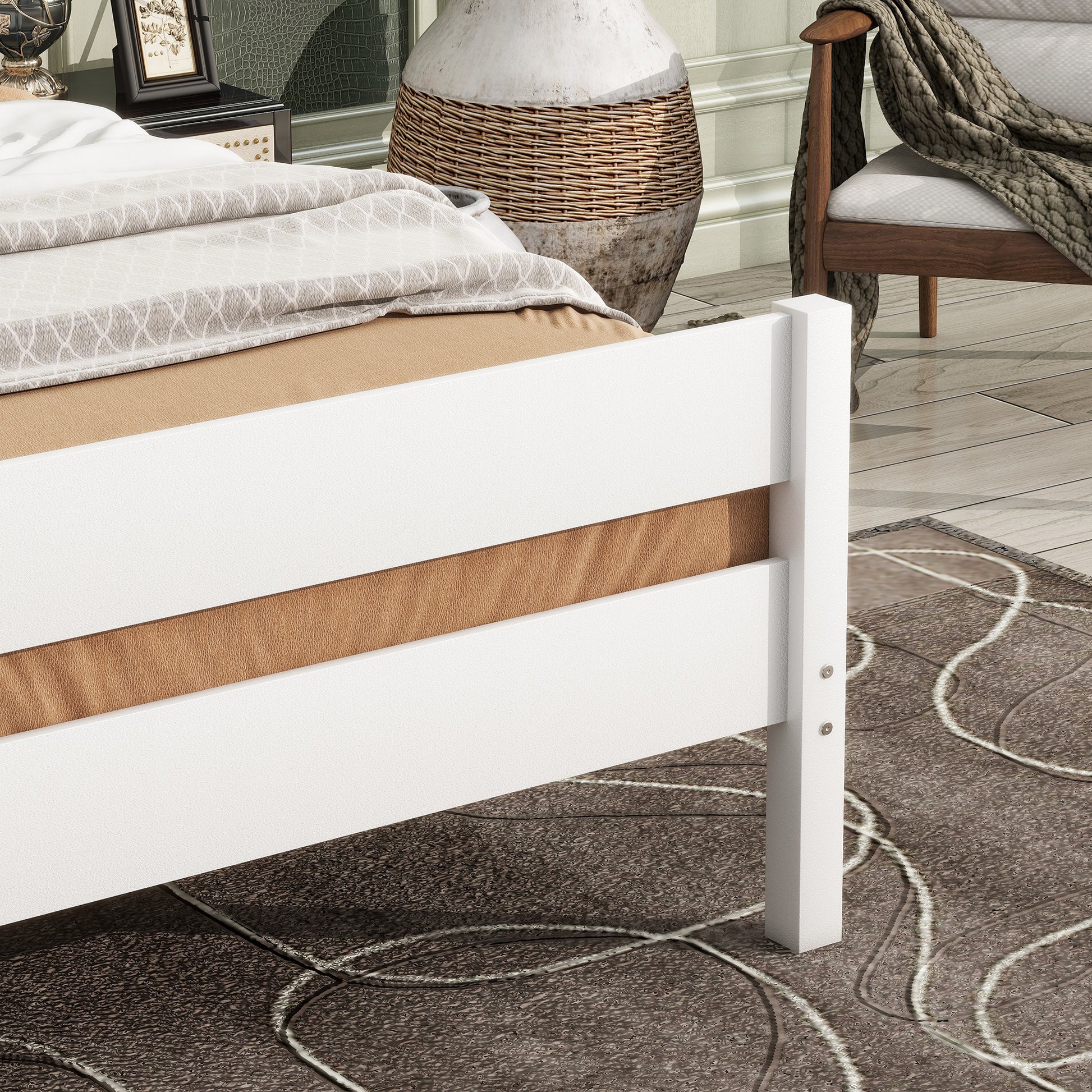 Twin Bed with Headboard and Footboard,Rubber Wood Bed,White image 7