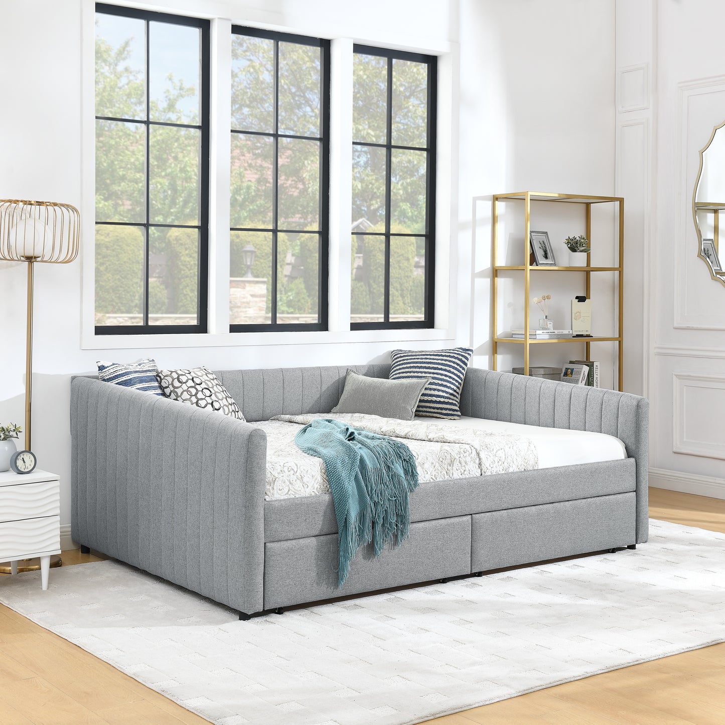 Queen Size Daybed with Two Drawers Trundle Upholstered Sofa Bed, with Vertical Stripes Linen Fabric, Grey (86.5"x65"x30") image 5