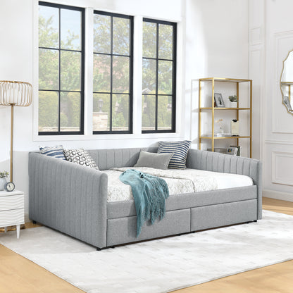 Queen Size Daybed with Two Drawers Trundle Upholstered Sofa Bed, with Vertical Stripes Linen Fabric, Grey (86.5"x65"x30") image 5