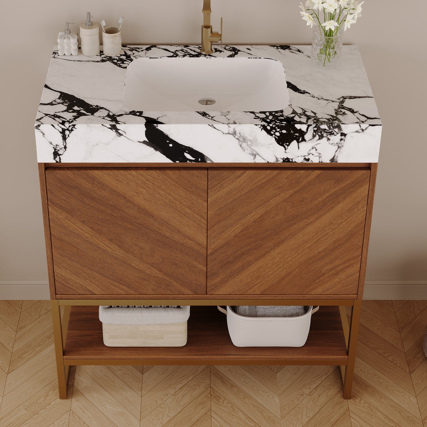 29.9" Modern Free-standing Bathroom Vanity with Ceramic Sink – Brown Oak, Soft-Close image 3