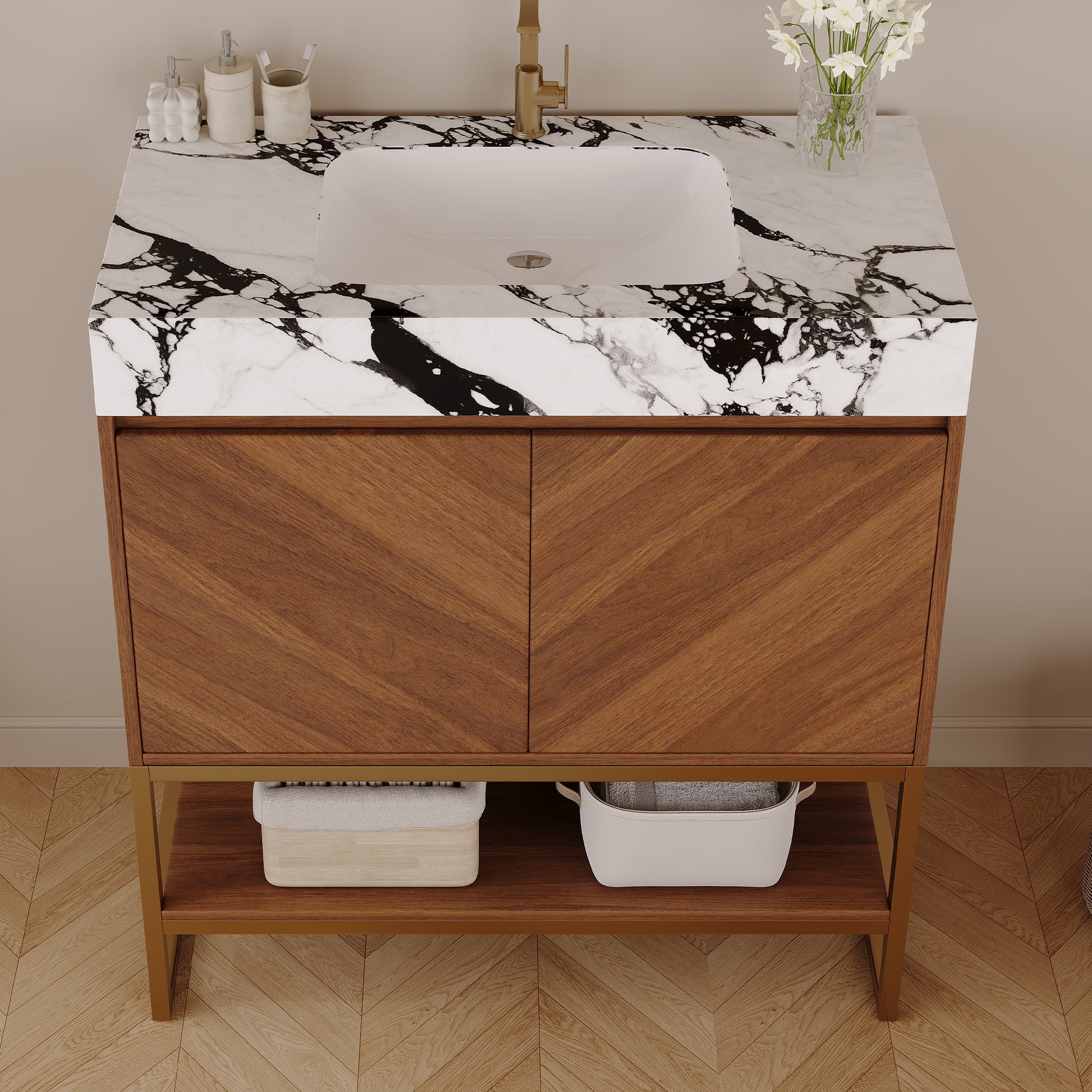 29.9" Modern Free-standing Bathroom Vanity with Ceramic Sink – Brown Oak, Soft-Close image 3