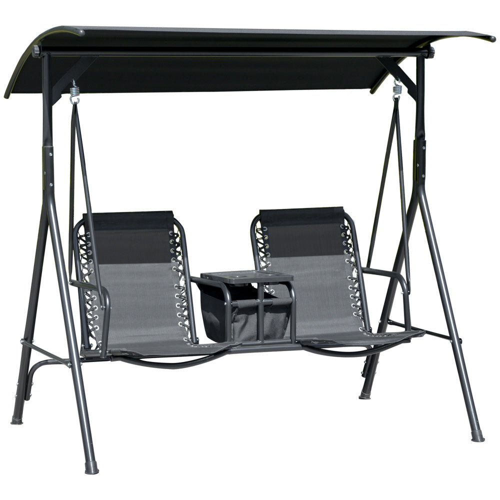 Outsunny 2-Seat Patio Swing Chair, Outdoor Canopy Swing Glider with Pivot Storage Table, Cup Holder, Adjustable Shade, Bungie Seat Suspension and Weather Resistant Steel Frame, Black