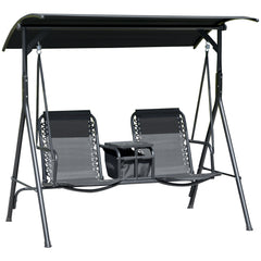 Outsunny 2-Seat Patio Swing Chair, Outdoor Canopy Swing Glider with Pivot Storage Table, Cup Holder, Adjustable Shade, Bungie Seat Suspension and Weather Resistant Steel Frame, Black