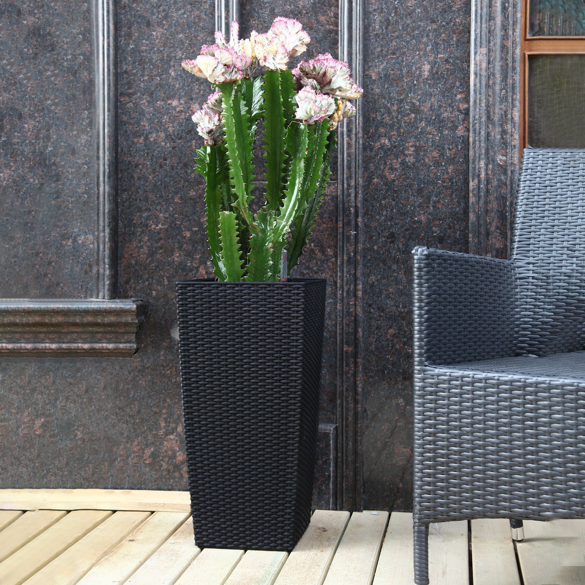 Pack of 2 Square Planter for Garden 22-Inch High Faux Rattan Design Flower Pot with Automatic Watering System for Porch, Patio, Backyard, Makes Keeping Flowers Easier image 2