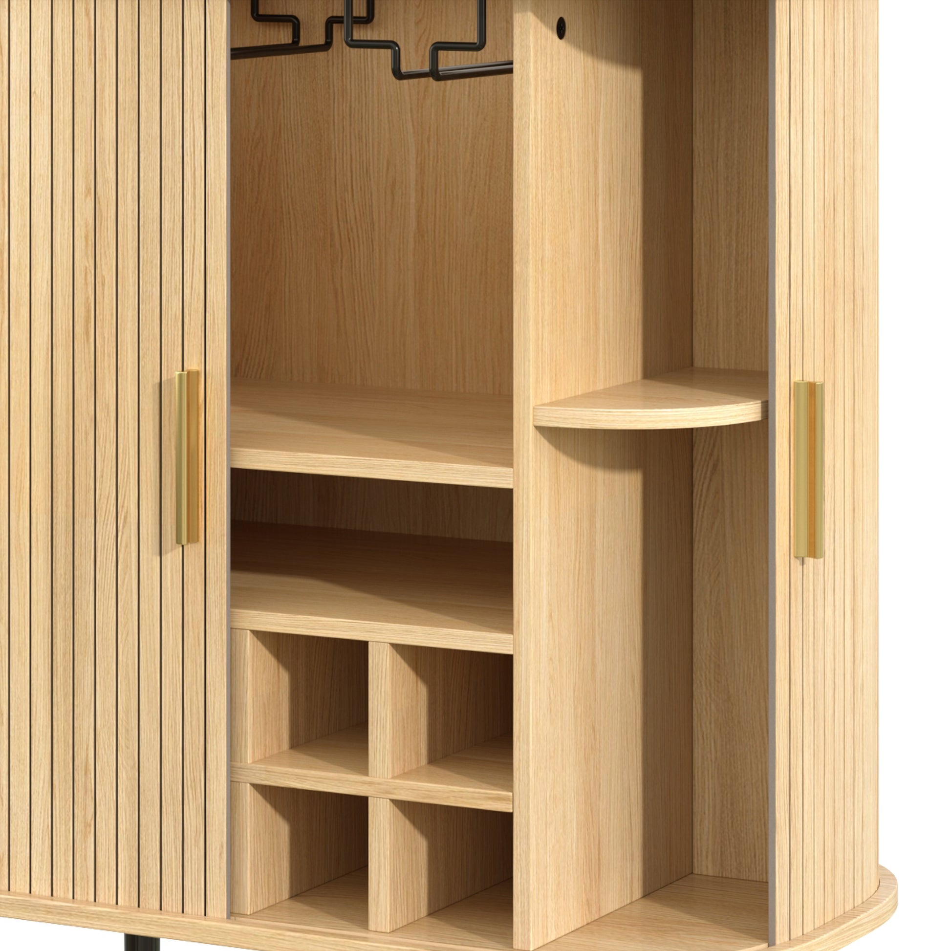 28" Fluted Wine Bar Cabinet with 8-Grid Wine Rack, 5-Level Adjustable Shelves, 2 Glass Holders, Smoothly Sliding Tambour Doors, 4 Hidden Storage Space on the Side,Modern Liquor Coffee Station, Natural image 6