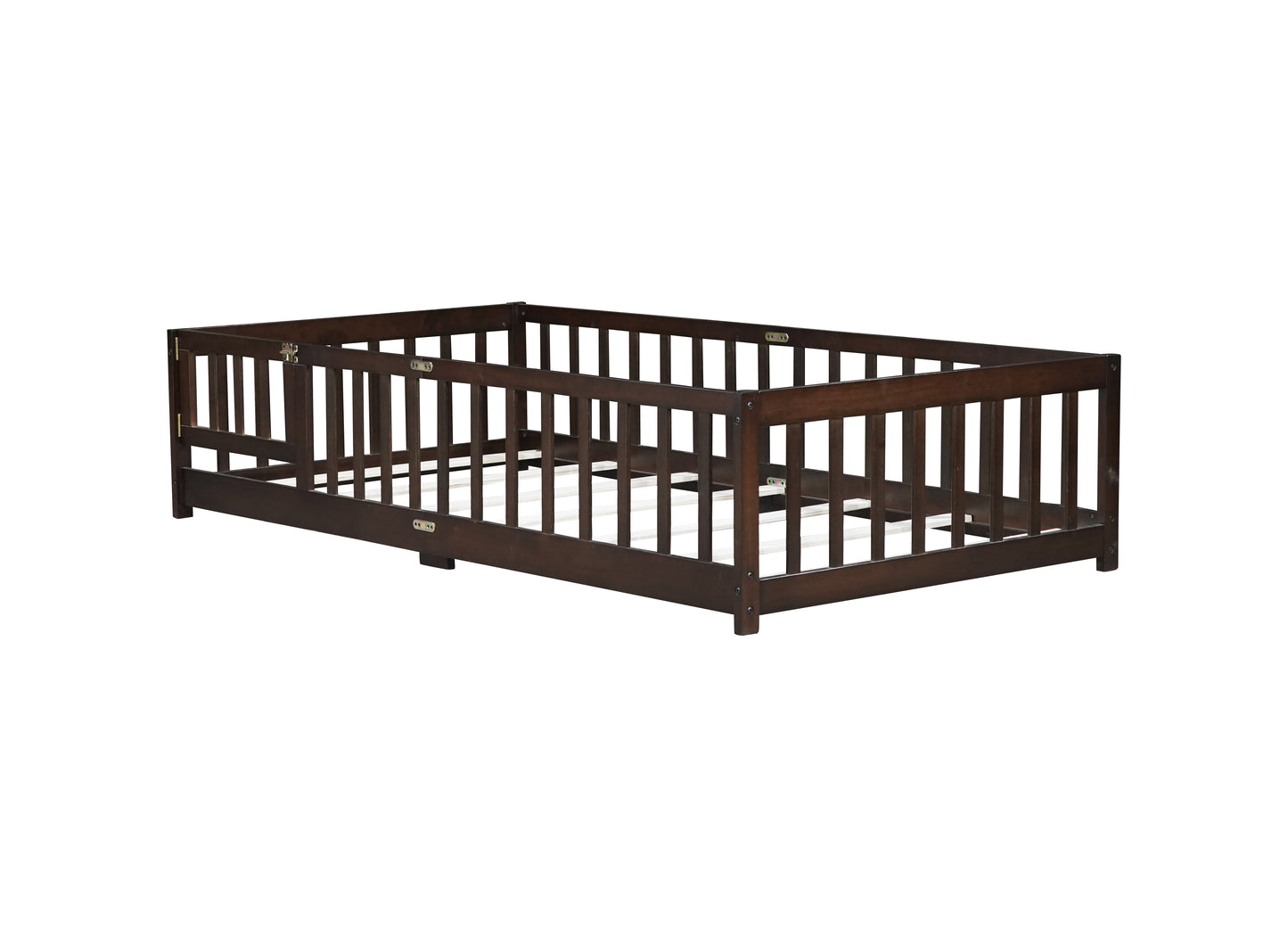 Twin Size Floor Bed with Fence and Door,Rubber Wood Floor Bed with Safety Guardrails,Espresso (Old Sku W504P286375) image 5