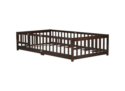 Twin Size Floor Bed with Fence and Door,Rubber Wood Floor Bed with Safety Guardrails,Espresso (Old Sku W504P286375) image 5