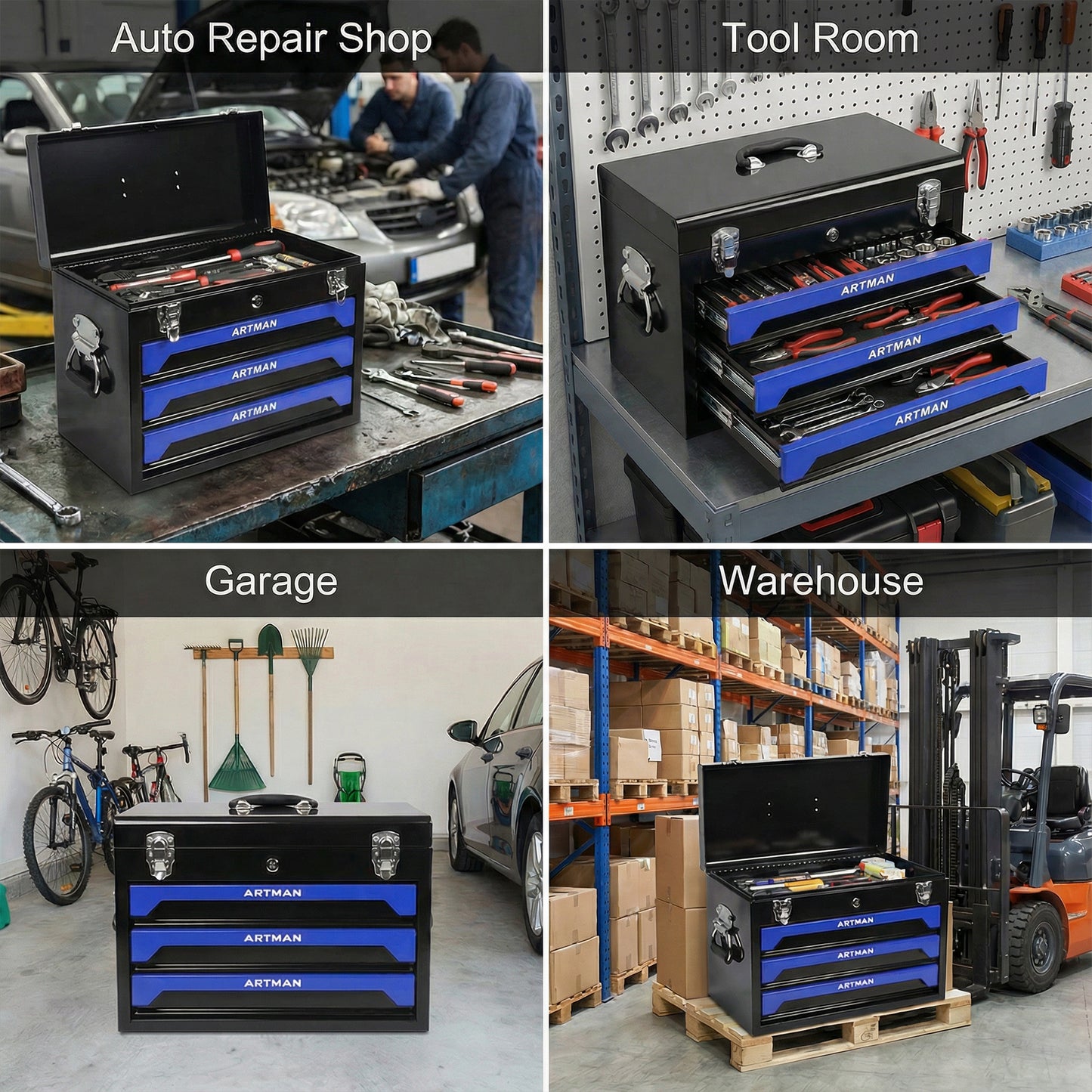 20'' Portable 3-Drawer Steel Toolbox, 4 Layers of Tools with Metal Latches, with Top Storage Tray and carrying Handle, Multi-Function Tool Storage for Garage, Home, or Workbench,Black&Blue image 11