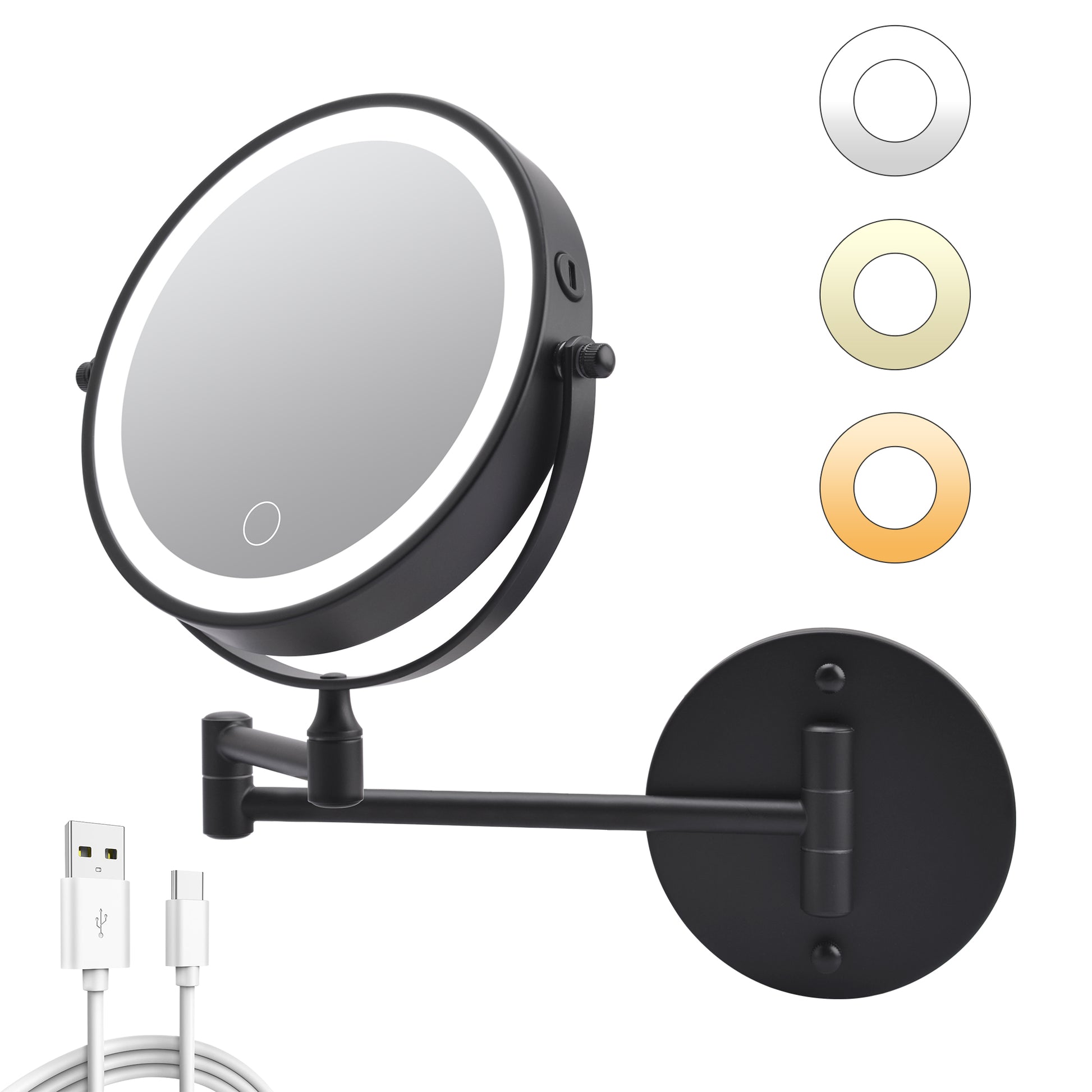 Rechargeable Wall Mounted Makeup Mirror 8'' Magnifying Mirror with Lights Double-Sided 1X/10 360° Rotation Extension Bathroom Shaving Mirror with Foldable Arm image 1